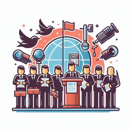 Politician in podium with microphones and flying pigeons. Vector illustrationのイラスト素材
