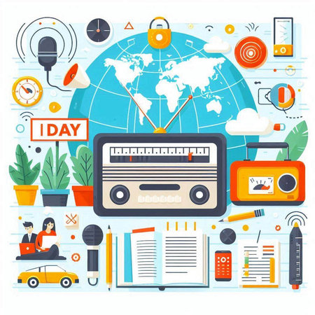 Flat design vector illustration concept of online education, webinar, podcast, radio station, online education.のイラスト素材