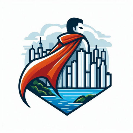 Superhero flying in the city. Vector illustration of superhero flying in the city.のイラスト素材