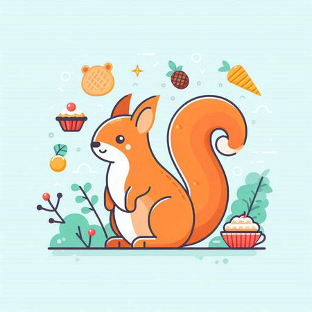 Cute squirrel with cupcake. Vector illustration in flat style.のイラスト素材