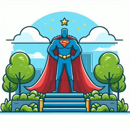 Superhero standing on the podium in the park. Vector illustration.のイラスト素材