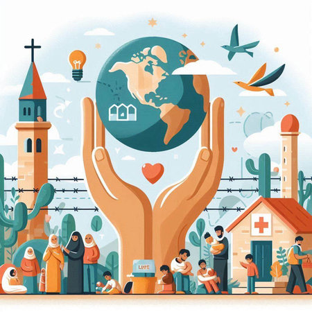 Vector illustration of Muslim people praying with globe in hands. Religion conceptのイラスト素材