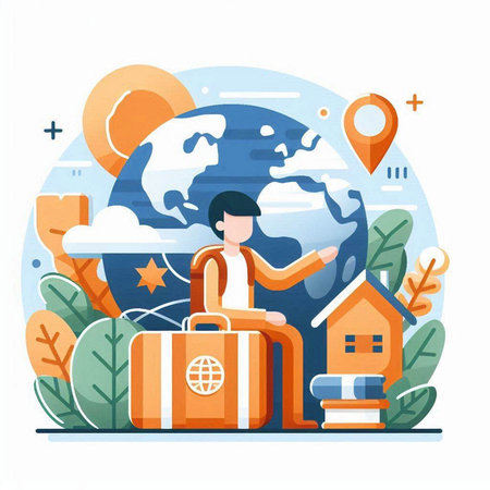 Travel and tourism concept. Vector illustration in flat style. Man with suitcase and map.のイラスト素材