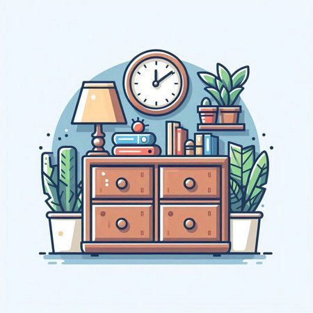 Cabinet with books, lamp and plants. Vector illustration.のイラスト素材