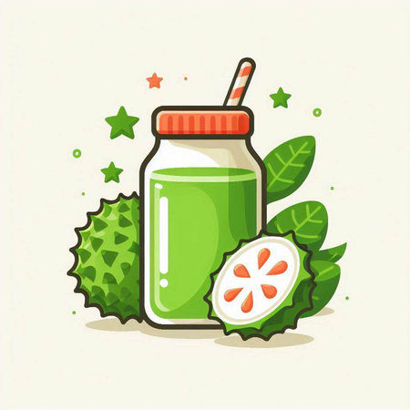 Jar of smoothie with durian fruit and leaves. Vector illustration.のイラスト素材