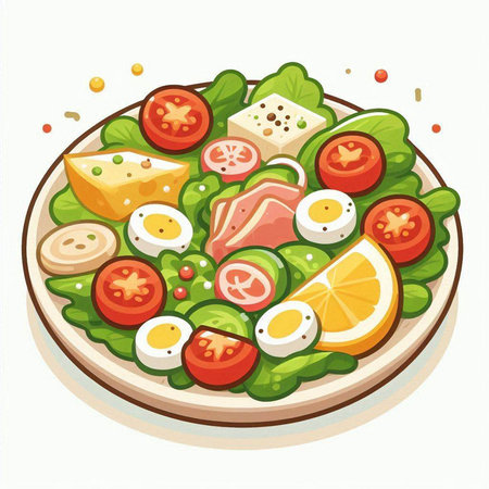 Salad with salmon, eggs, tomato, cucumber, lettuce, feta cheese. Healthy food. Vector illustrationのイラスト素材