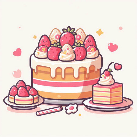 Cake with strawberry and cream. Vector illustration in cartoon style.のイラスト素材