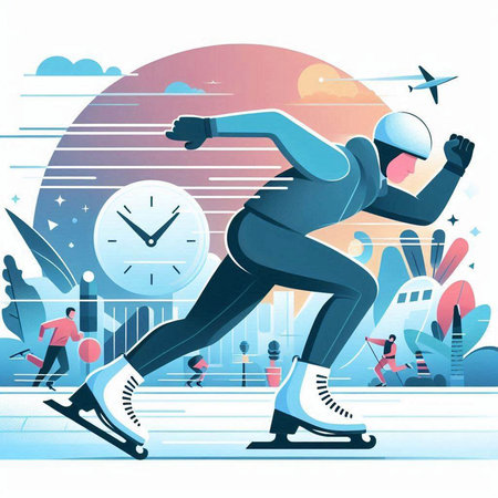 Vector illustration of an ice skating man in the park with the clockのイラスト素材