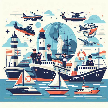 Vector illustration of different types of ships, boats and ships in flat styleのイラスト素材