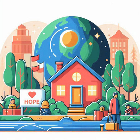Vector illustration of a city street with people, trees, houses, buildings, people and a globe.のイラスト素材