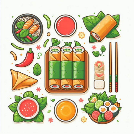 Sushi and rolls set. Vector illustration of japanese food.のイラスト素材