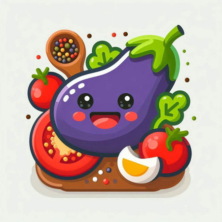 Funny eggplant character. Vegetarian food. Vector illustration.のイラスト素材