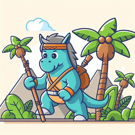Hippo Traveler with Coconut Tree and Coconut Tree Vector Illustrationのイラスト素材