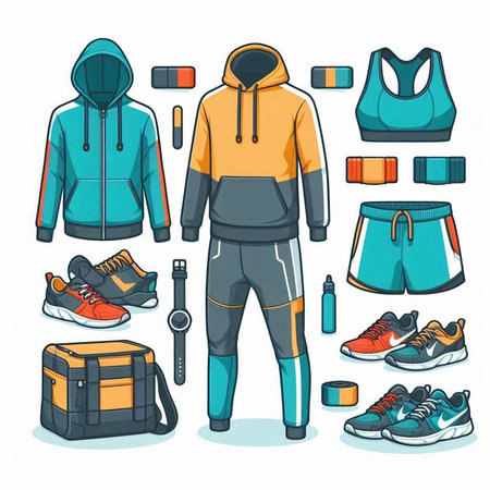 Set of sport clothes and accessories. Vector illustration in cartoon style.のイラスト素材