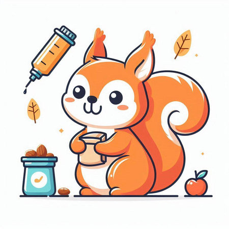 Cute little squirrel with a syringe and nuts. Vector illustration.のイラスト素材