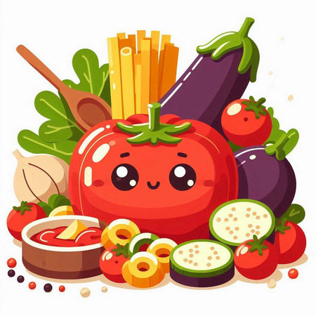 Vector illustration of cute kawaii tomato with vegetables and spices.のイラスト素材