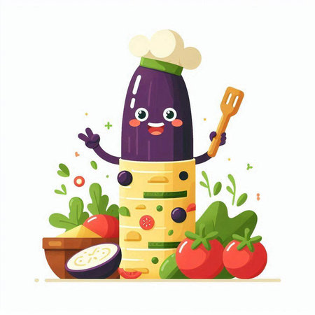 Vegetable eggplant character with chef hat and vegetables. Vector illustrationのイラスト素材