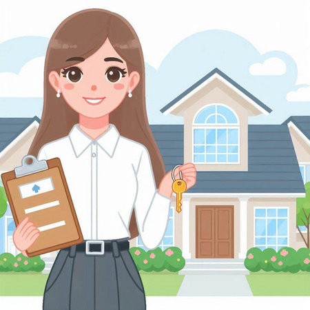 Real estate agent holding keys to the new house. Vector illustration.のイラスト素材