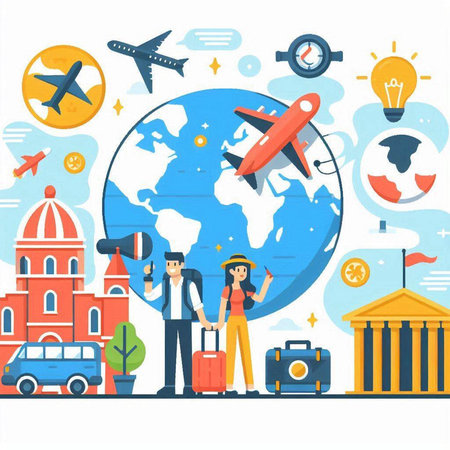 Traveling around the world concept. Flat design vector illustration. Man and woman travel around the world.のイラスト素材