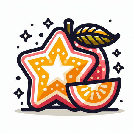 Star fruit with leaf on white background. Vector illustration in doodle style.のイラスト素材