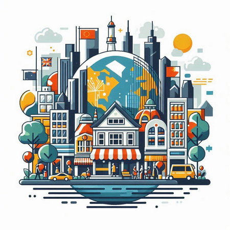City landscape with buildings, roads and people. Vector illustration in flat styleのイラスト素材