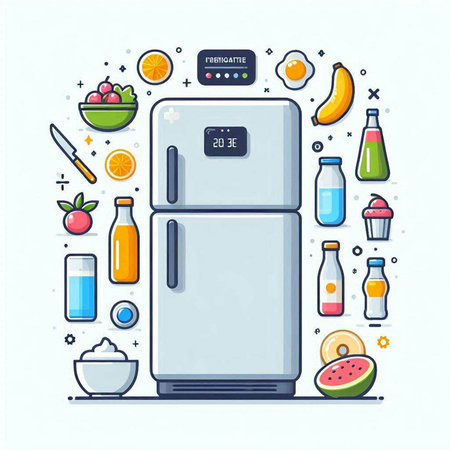 Refrigerator and food. Vector illustration in thin line style.のイラスト素材