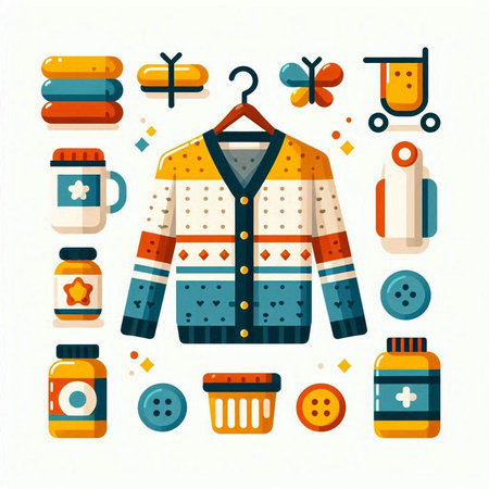 Fashionable clothing and accessories. Colorful flat vector illustration.のイラスト素材