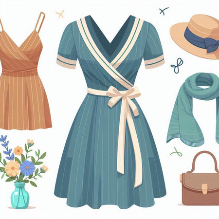 Illustration of a Set of Clothes and Accessories in Retro Styleのイラスト素材