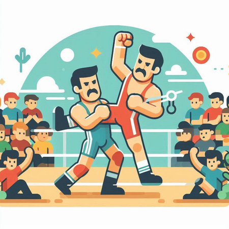 Boxing competition vector illustration in flat style. Group of people in the ring.のイラスト素材