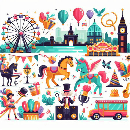Amusement park carnival seamless pattern. Vector illustration in flat styleのイラスト素材