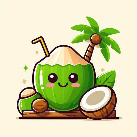 Cute coconut character with coconut juice and palm tree. Vector illustrationのイラスト素材