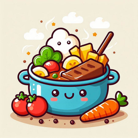 Cute cartoon food in a pot. Vector illustration of a healthy food.のイラスト素材