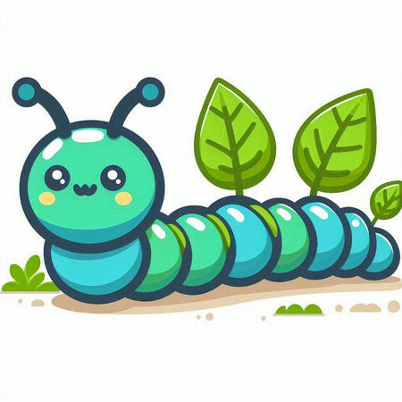 Cute cartoon caterpillar with green leaves on white background. Vector illustration.のイラスト素材