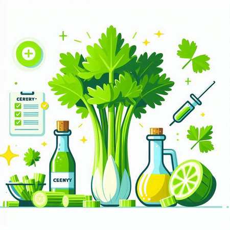 Healthy food concept. Vector illustration with celery, parsley, lime, lemon, oil, syringe.のイラスト素材