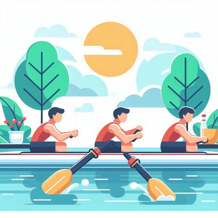 Two men rowing on the river. Flat style vector illustration.のイラスト素材