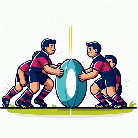 Rugby players fighting for the ball. Vector illustration in cartoon style.のイラスト素材