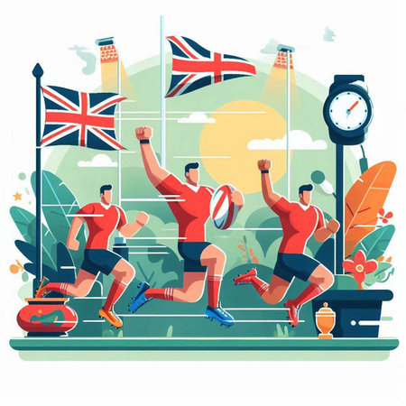 Rugby match. Vector illustration in flat cartoon style on the theme of sportのイラスト素材
