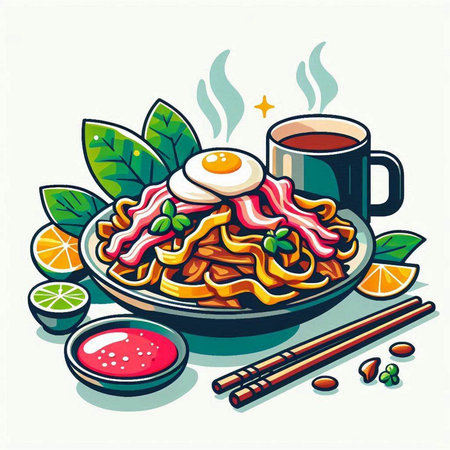 Illustration of a plate of udon noodles with fried egg and vegetablesのイラスト素材