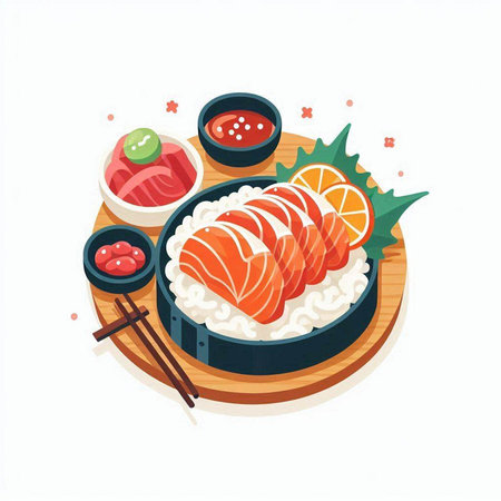 Sushi japanese food on wooden plate. Vector illustration.のイラスト素材
