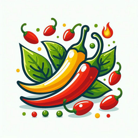 Chili pepper with green leaves and red hot chili peppers. Vector illustration.のイラスト素材