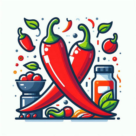 Red hot chili peppers and ingredients for cooking. Vector illustration in cartoon style.のイラスト素材