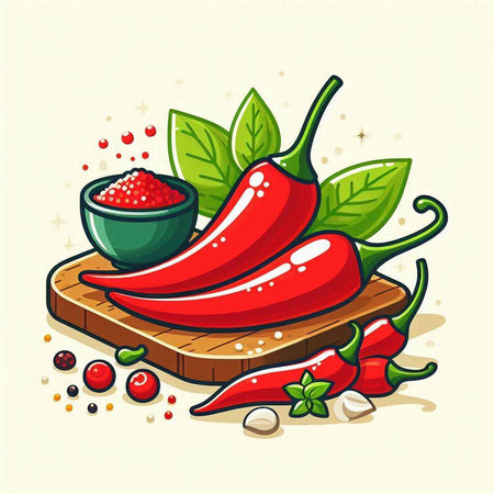 Chili pepper and red caviar on wooden board. Vector illustration.のイラスト素材