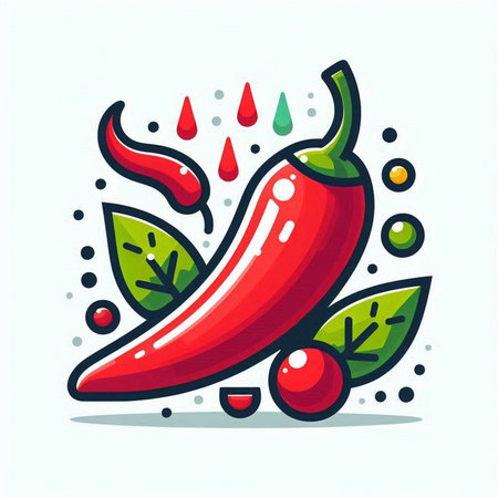 Red hot chili pepper with leaves and drops of water. Vector illustration.のイラスト素材