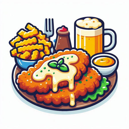 Illustration of a piece of breaded fish with sauce and beerのイラスト素材