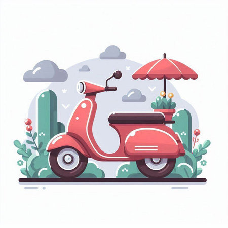 Vintage scooter with umbrella. Vector illustration in flat style.のイラスト素材