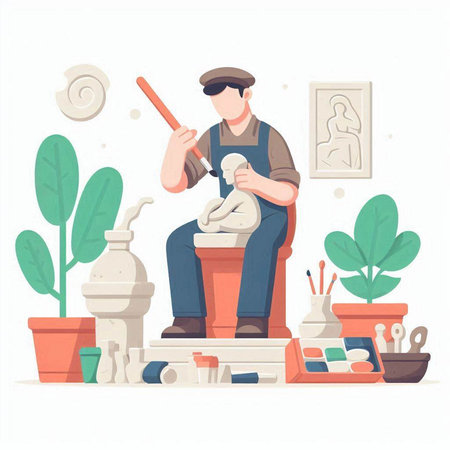 Flat vector illustration of a man playing the flute in a pottery workshop.のイラスト素材
