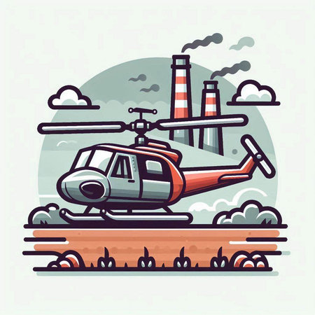 Helicopter and factory. Vector illustration in flat cartoon style.のイラスト素材