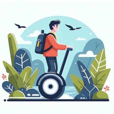 Young man riding an electric scooter in the park. Vector illustrationのイラスト素材