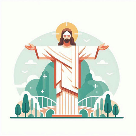Jesus Christ on the cross in the park. Vector illustration in flat styleのイラスト素材