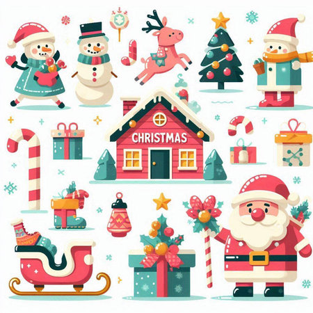 Merry Christmas and Happy New Year. Santa Claus, reindeer, snowman, candy cane, house, tree, gifts. Vector illustrationのイラスト素材